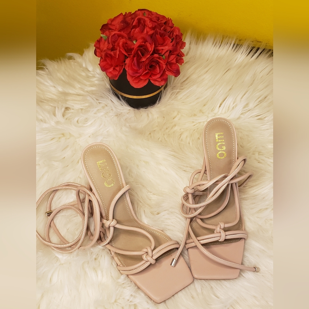 EGO NWT 11 Beige Nude Strappy Tie Up Stiletto Cake Stand Heels Sandals Fiat Shoe - Picture 10 of 13